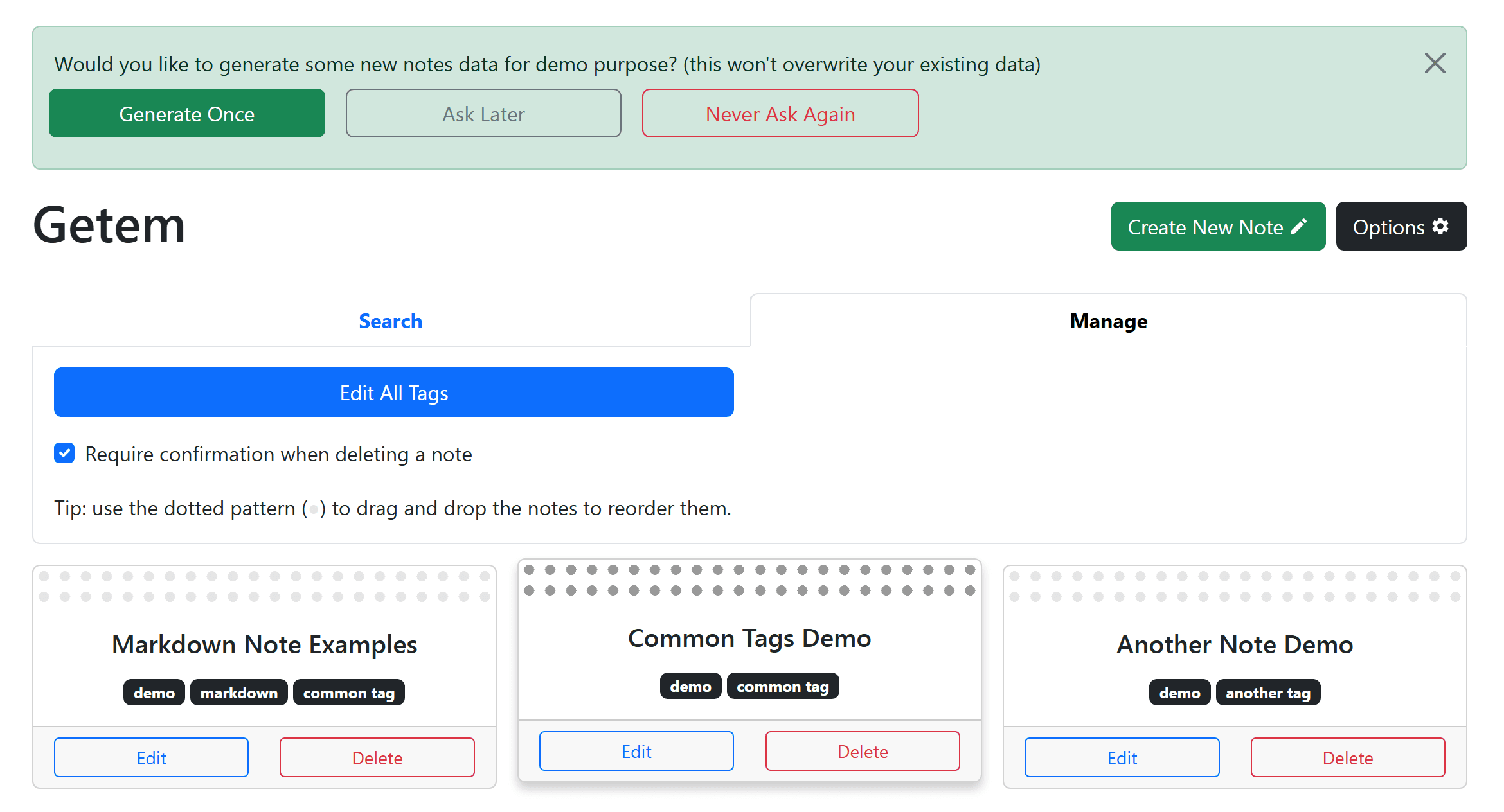 GetEm homepage manage mode